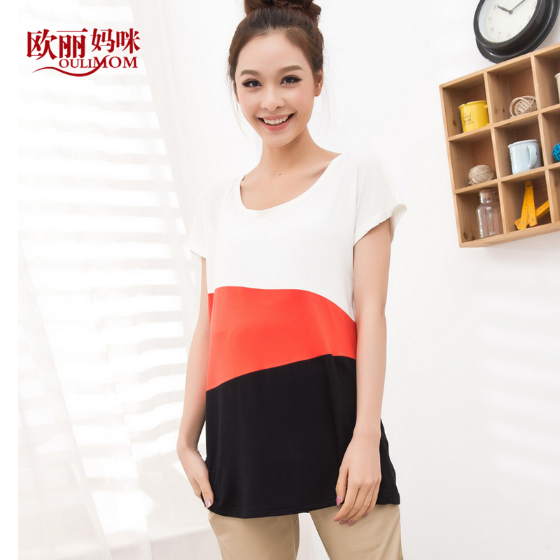 Maternity clothing summer fashion color block maternity short-sleeve t shirt modal maternity top