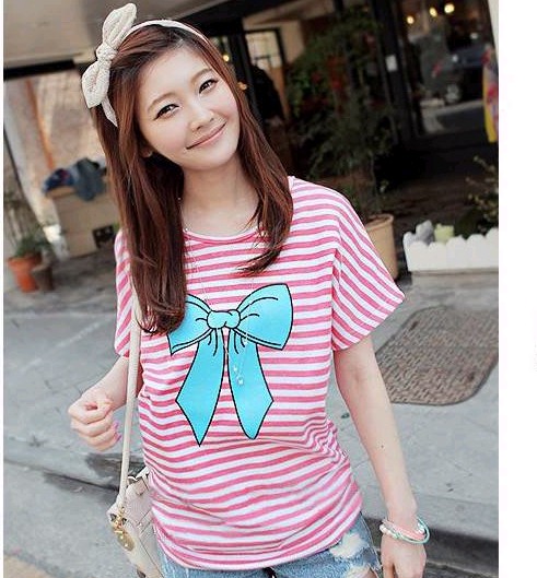Maternity clothing summer lovely casual t-shirt pink stripe blue bow short-sleeve top