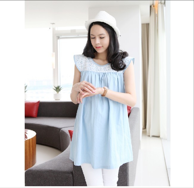 Maternity clothing summer maternity faux denim lace maternity top