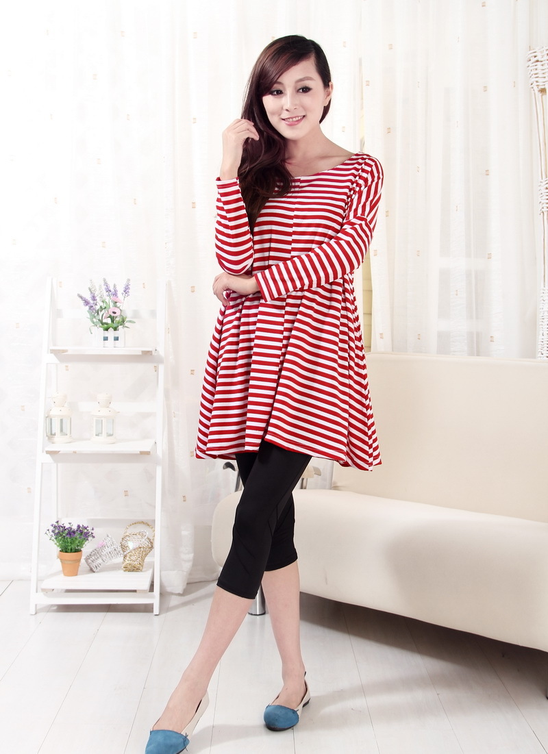 Maternity clothing summer maternity T-shirt long-sleeve stripe expansion skirt plus size maternity one-piece dress
