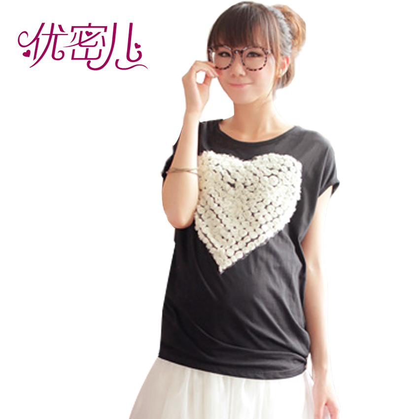 Maternity clothing summer maternity t-shirt short-sleeve lace maternity top black cotton spandex