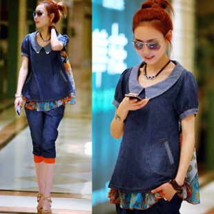 Maternity clothing summer peter pan collar patchwork chiffon loose top short-sleeve denim maternity shirt