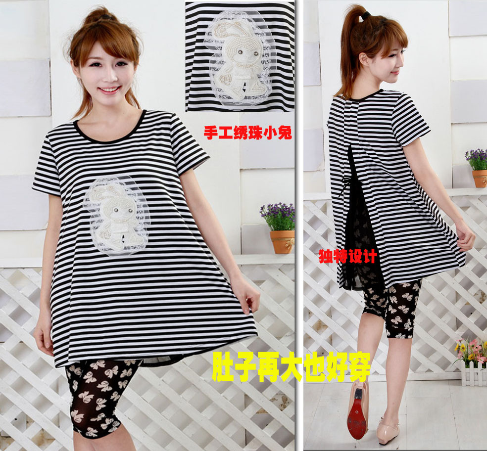 Maternity clothing summer stripe maternity t-shirt loose short-sleeve top 100% cotton