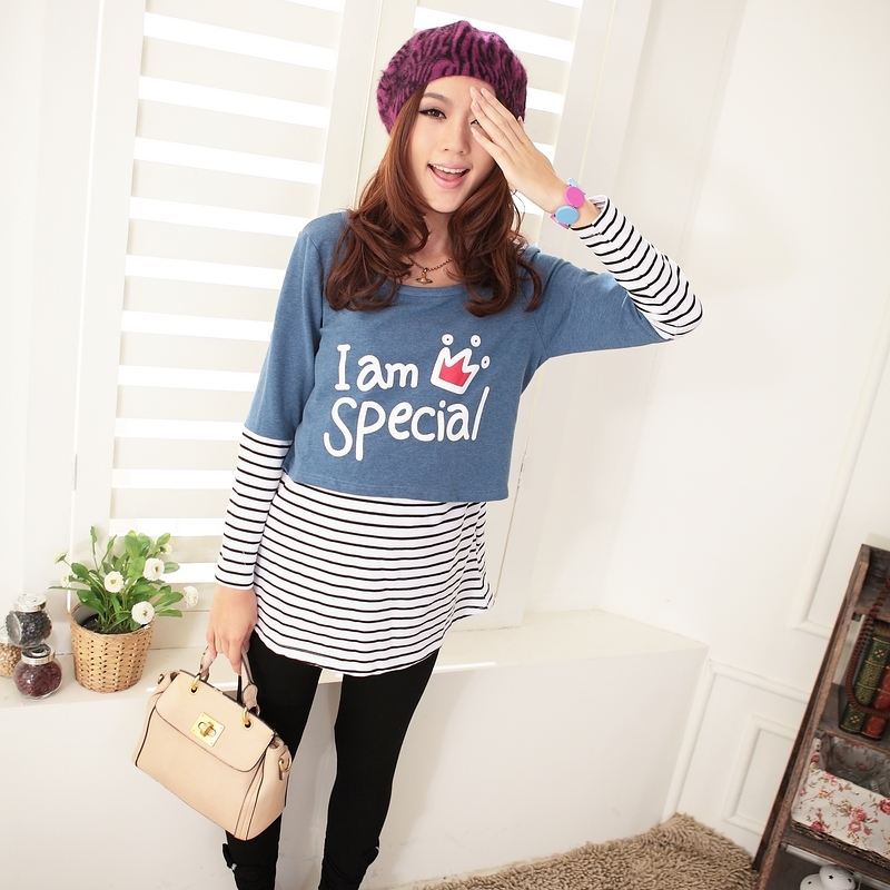 Maternity clothing sweet 2012 color block decoration stripe nursing long-sleeve top