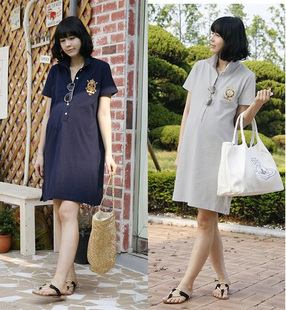 Maternity clothing turn-down collar long design maternity dress short-sleeve buckle nursing