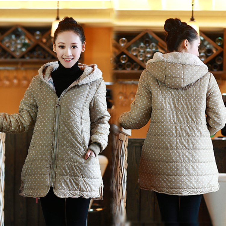 Maternity clothing wadded jacket cotton-padded jacket outerwear long design dot with a hood zipper wadded jacket winter top 7058