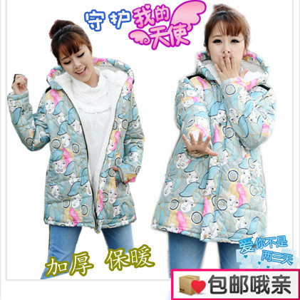 Maternity clothing winter cotton-padded jacket top young girl print thickening thermal outerwear with a hood maternity wadded