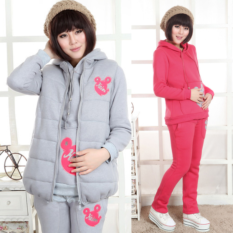 Maternity clothing winter plus velvet thickening sports set maternity thermal fashionable casual vest three piece set -181