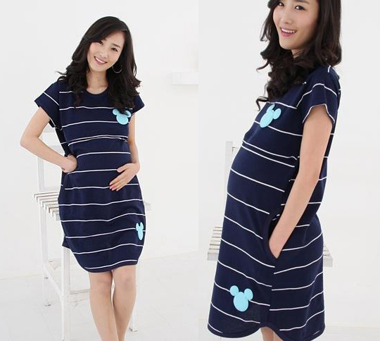 Maternity dress wide stripe MICKEY head portrait maternity nursing dress maternity dress