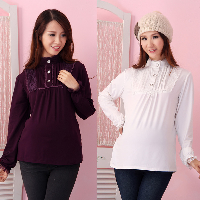 Maternity lace basic shirt winter 100% cotton maternity t-shirt maternity shirt autumn and winter basic shirt long-sleeve