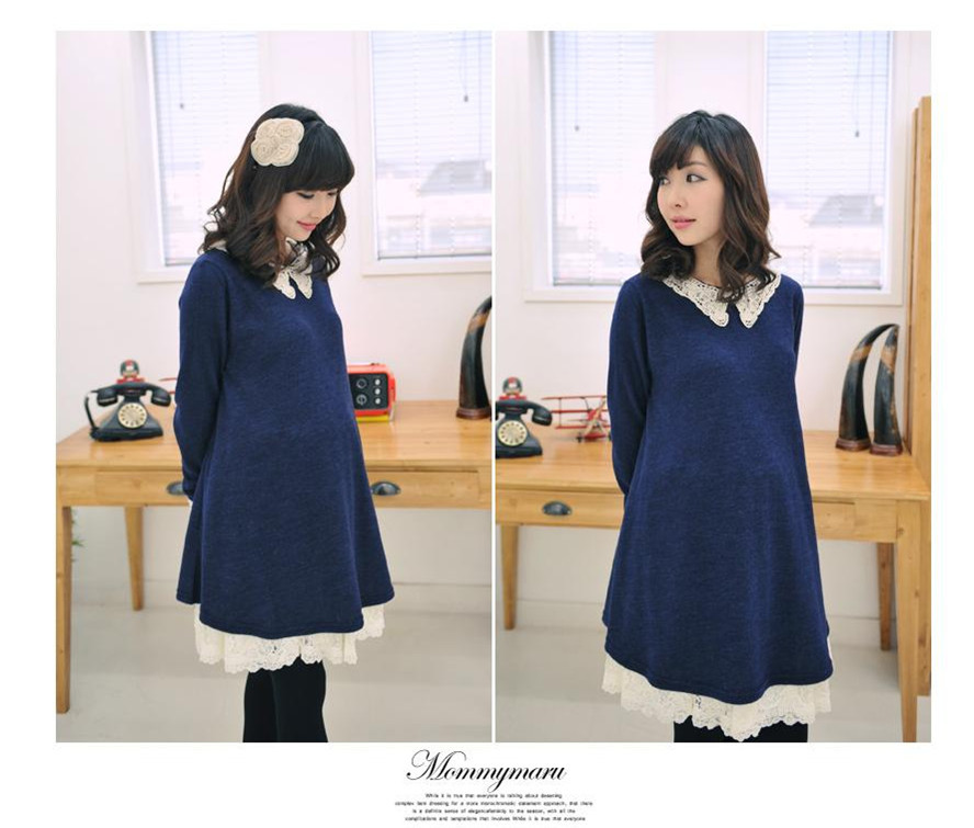 Maternity one-piece dress blue lace collar maternity clothing long-sleeve spring and autumn maternity clothing plus size