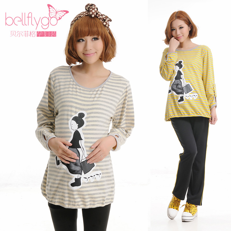 Maternity spring and autumn stripe basic low collar shirt maternity top maternity clothing o-neck casual top 10036