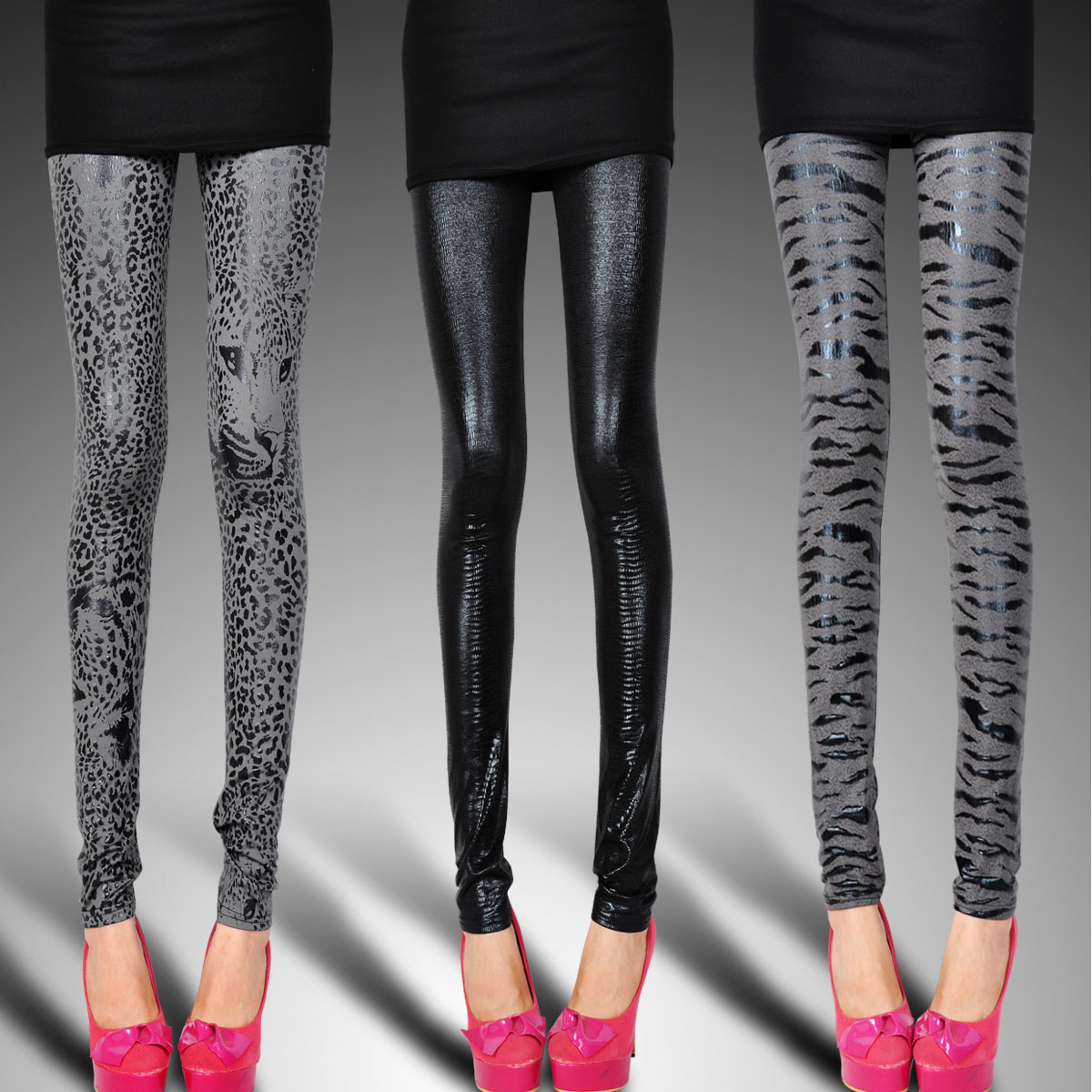 Matt faux leather pants patchwork legging tight autumn and winter fashion leopard print faux leather legging female japanned