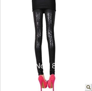Matt faux leather pants patchwork legging tight fitting spring and summer fashion leopard print faux leather legging female