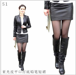 Matt leather black pencil skirt basic skirt short skirt