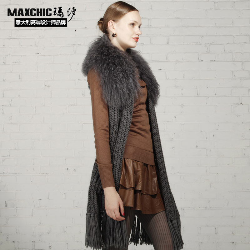 Maxchic sleeveless fur collar wool knitted long design top 3471