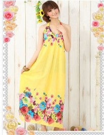Maxi Halter Flower Lap Long Dress Yellow free shipping (us)B10042601-3
