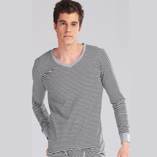 MDD Fashion stripe 100% cotton thin cotton sweater male thermal underwear male long johns long johns underwear set