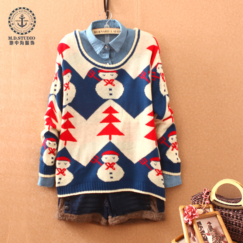 Mdstudio christmas snowman loose batwing sleeve pullover knitted sweater thickening