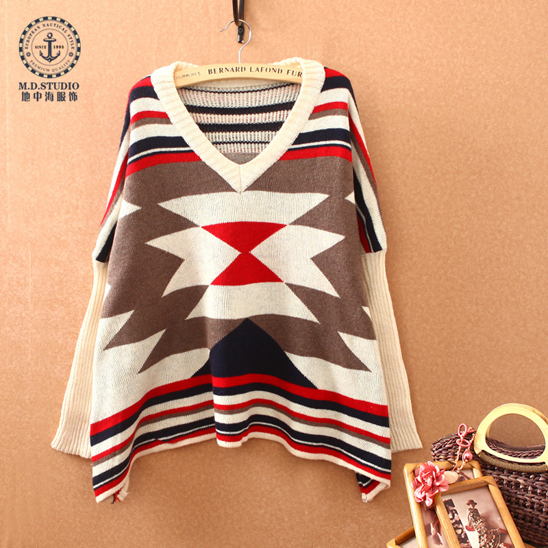 Mdstudio fashion spring and autumn vintage national trend geometry crochet loose plus size batwing sleeve sweater female