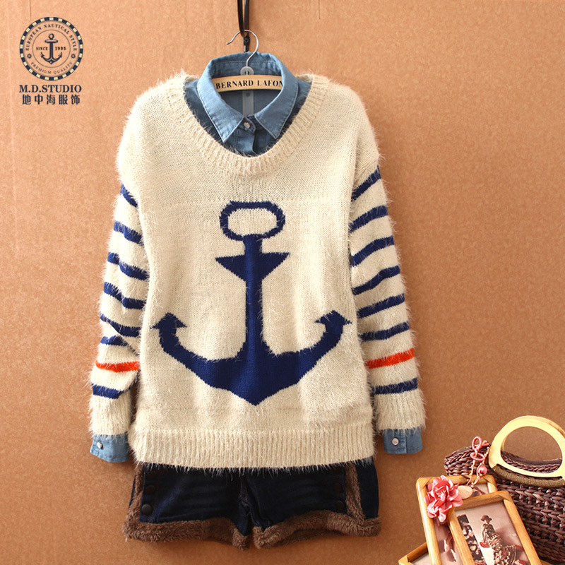 Mdstudio spring and autumn women's navy style anchor stripe o-neck long-sleeve knitted pullover sweater