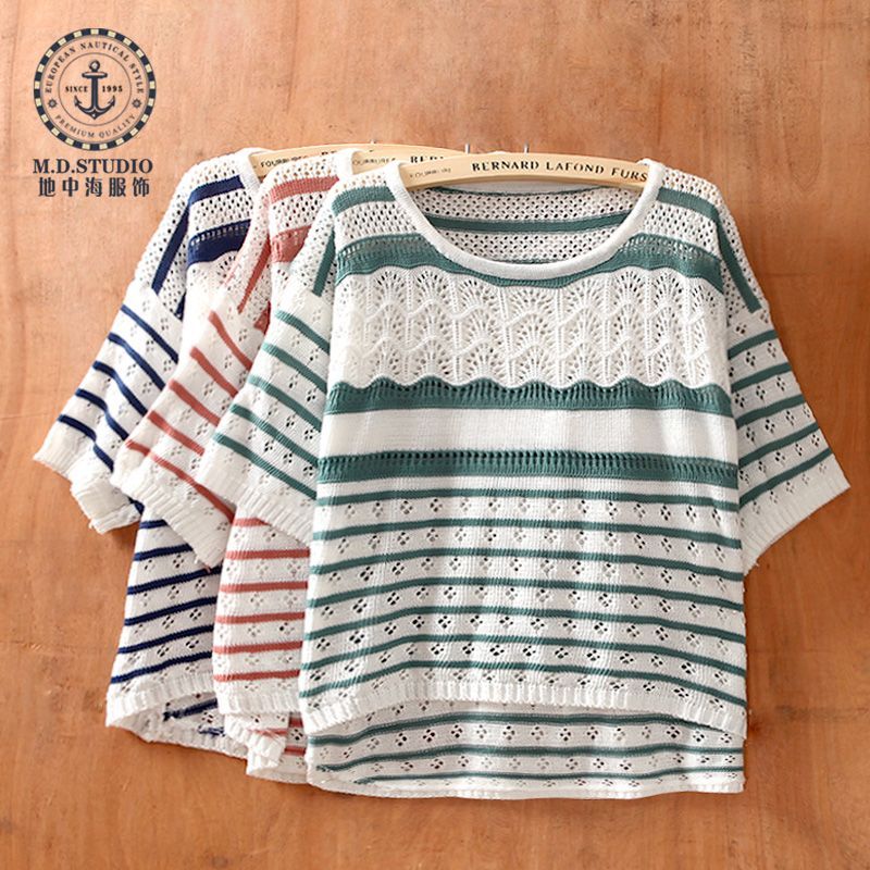 Mdstudio spring loose plus size wave cutout stripe sweater shirt female short-sleeve
