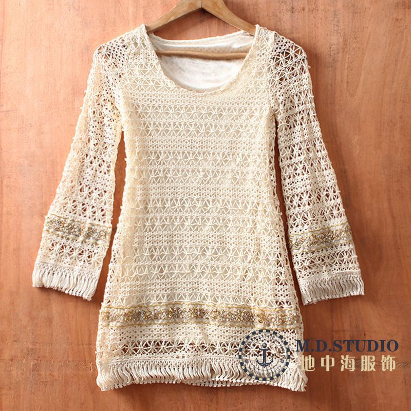 Mdstudio spring new arrival women's japanese style bohemia cutout crochet beading tassel long-sleeve sweater