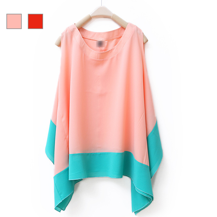 Medium-large 2012 fashion summer color block color block decoration o-neck sleeveless irregular pullover chiffon shirt