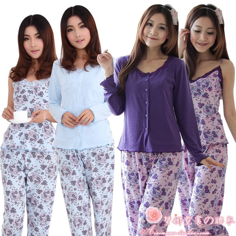 Medium-large autumn and winter Women three piece set sleepwear sexy long-sleeve 100% cotton women's lounge set