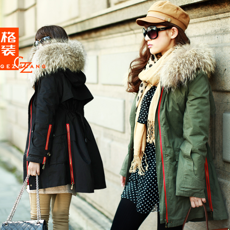 Medium-long Army Green overcoat outerwear large raccoon fur collar fur wadded jacket cotton-padded jacket female