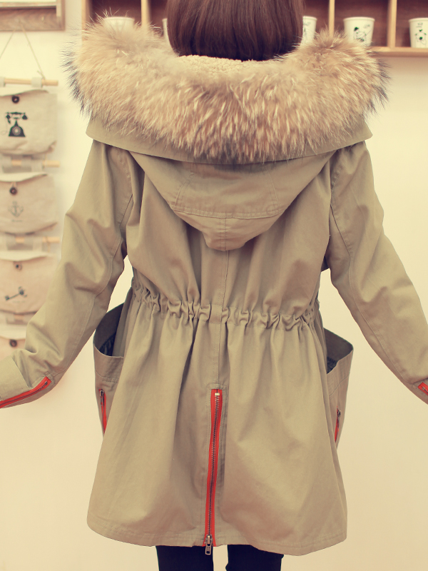Medium-long Army Green thermal liner raccoon real fur large fur collar outerwear wadded jacket female