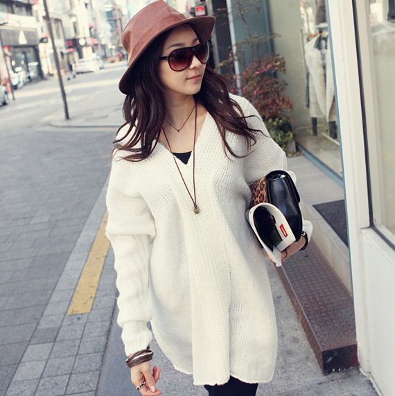 Medium-long coarse bar knitted V-neck sweater outerwear thick loose oversized sweater female