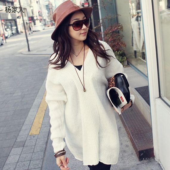 Medium-long coarse bar knitted V-neck sweater outerwear thick loose oversized sweater female