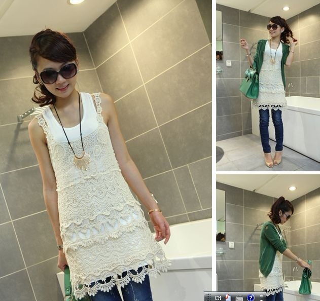 Medium-long cutout crotch vest style lace knitted shirt 1180