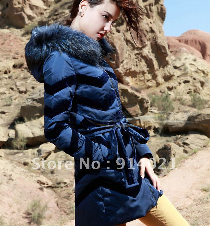 Medium-long down coat women fashion slim raccoon fur collar down coat outerwear,dark blue,red and black colors