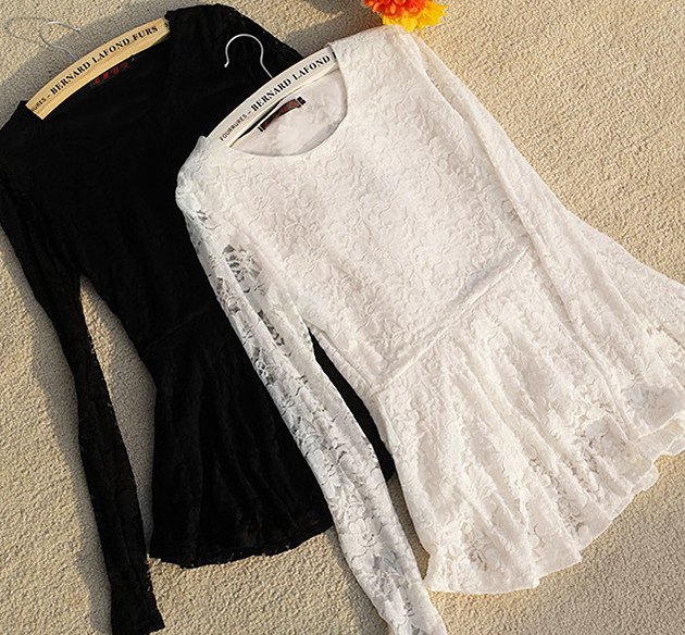 Medium-long lace long-sleeve basic shirt female loose black and white plus size skirt top cutout shirt