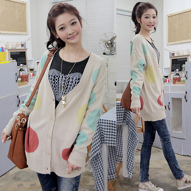 Medium-long multicolour polka dot sweater outerwear 7906 free shipping