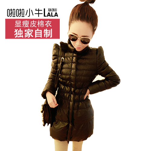 Medium-long outerwear female thin down cotton leather wadded jacket