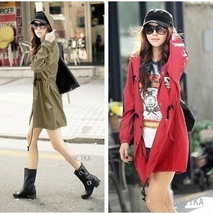 Medium-long women outerwear loose long-sleeve slim waist with a hood trench 1292