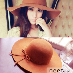 Meetu pure woolen fashion big cap large brim hat female autumn and winter bow brown