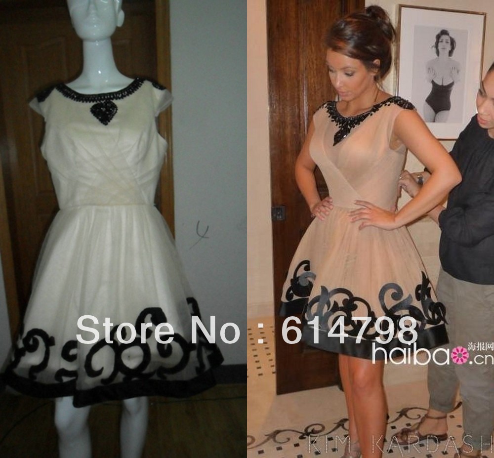 Megan Fox Champagne High Neck Applique Crystal A-line Ruffles Pleat Short Mini  Prom Dress/Eveing gowns