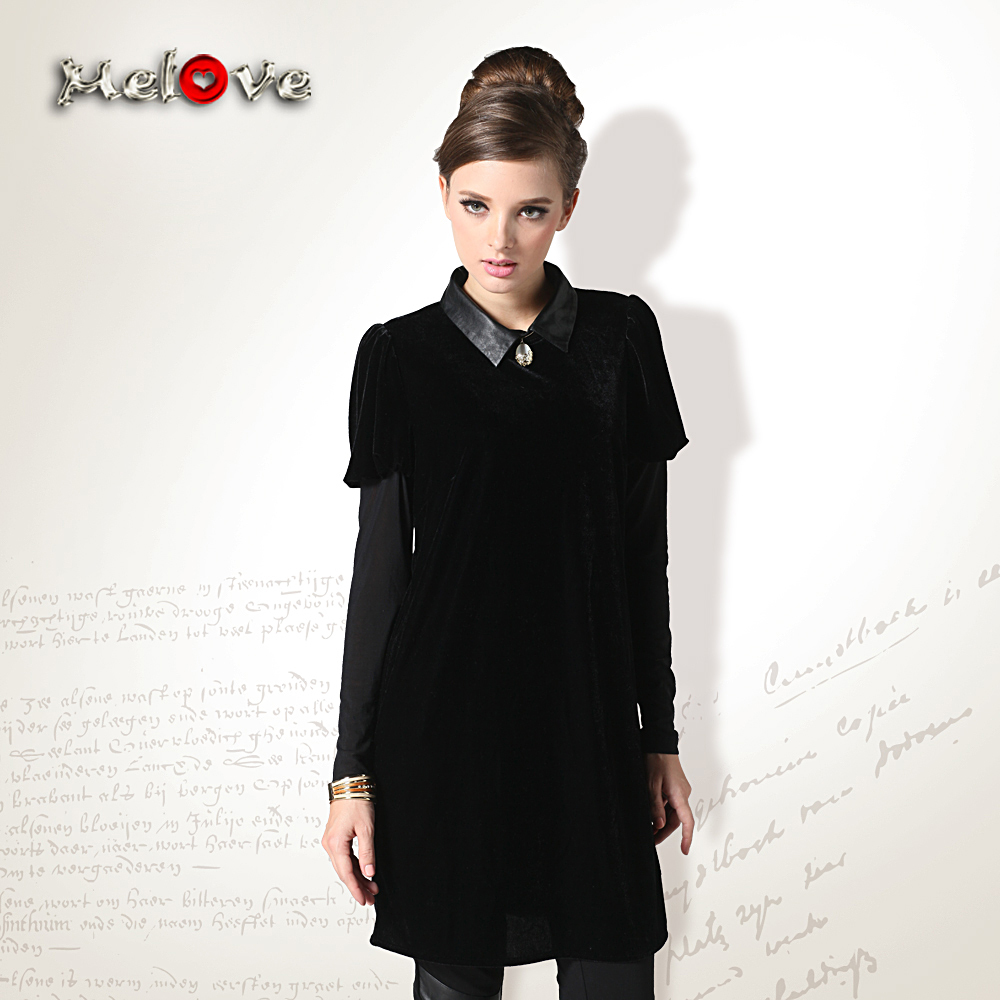 Melove puff sleeve patchwork gauze sleeve tube velvet genuine leather long gown skirt one-piece dress