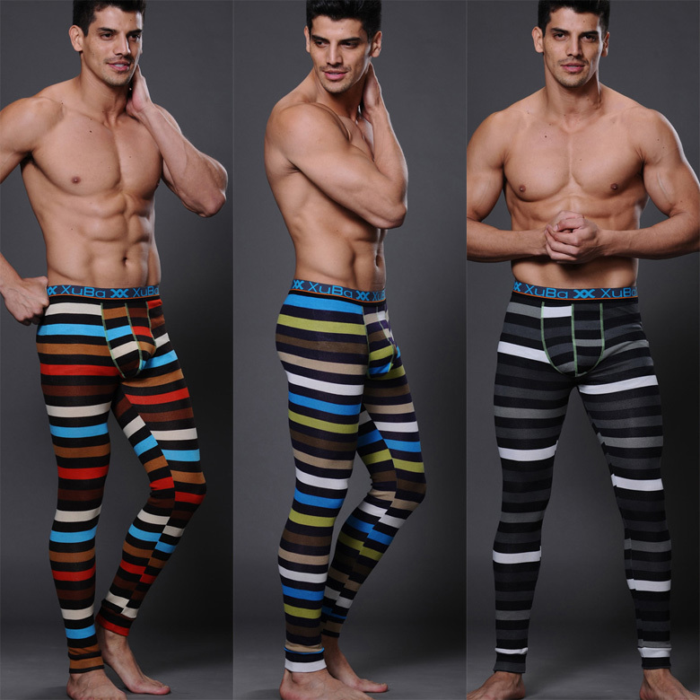 Men's Neon Stripe Body Shaping Tights Cotton Male Long Johns Male Warm Pants Leggings