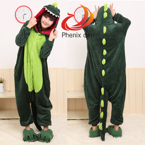 Men/Women Green Dark Green Coral Velvet Dinosaur Costume Jumpsuit Hooded Pajamas Lovers Sleepwear Free Shipping