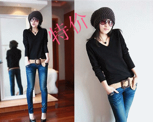 Mercerized cotton 2013 spring V-neck knitted long-sleeve basic shirt women's Free Shipping