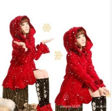 Merry Christmas!Super Beauty Warm Winter Coat With Cute Red Cap Melting Temperament Flowers Wool Coat Jacket Outwear