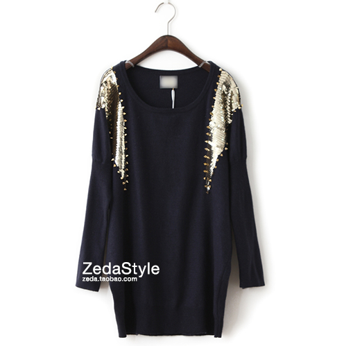 Metal paillette rivet pullover sweater medium-long batwing sleeve loose long-sleeve autumn female