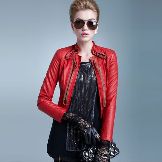 Metal zipper decorative rock style stand-up collar leather Jacket