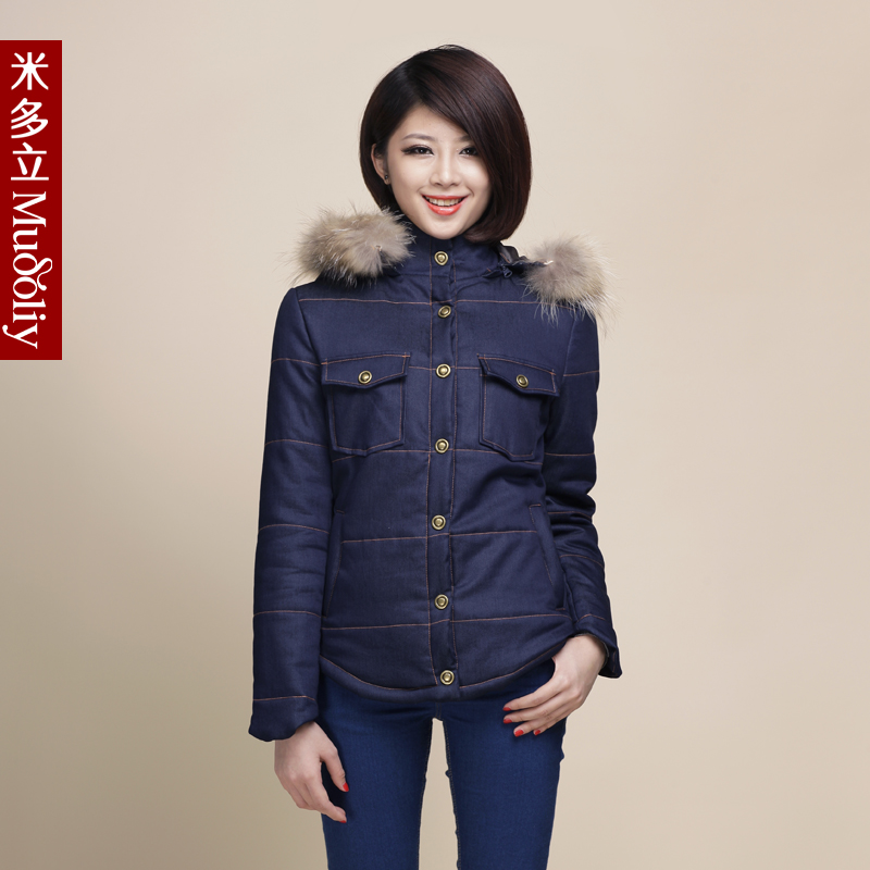 Meter 2012 winter new arrival denim with a hood cotton-padded jacket outerwear wadded jacket outerwear female medium-long formal