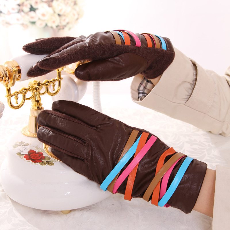 Meters color decoration leather thickening wool gloves autumn and winter thermal gloves female 7